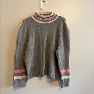 POPSUGAR Grey Knit Crewneck Sweater - Pink & White Varsity Stripes - Size XL